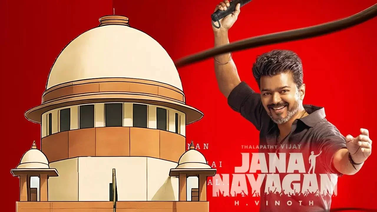 A composite image featuring actor Vijay and the Madras High, highlighting the legal dispute over the film Jana Nayagan.